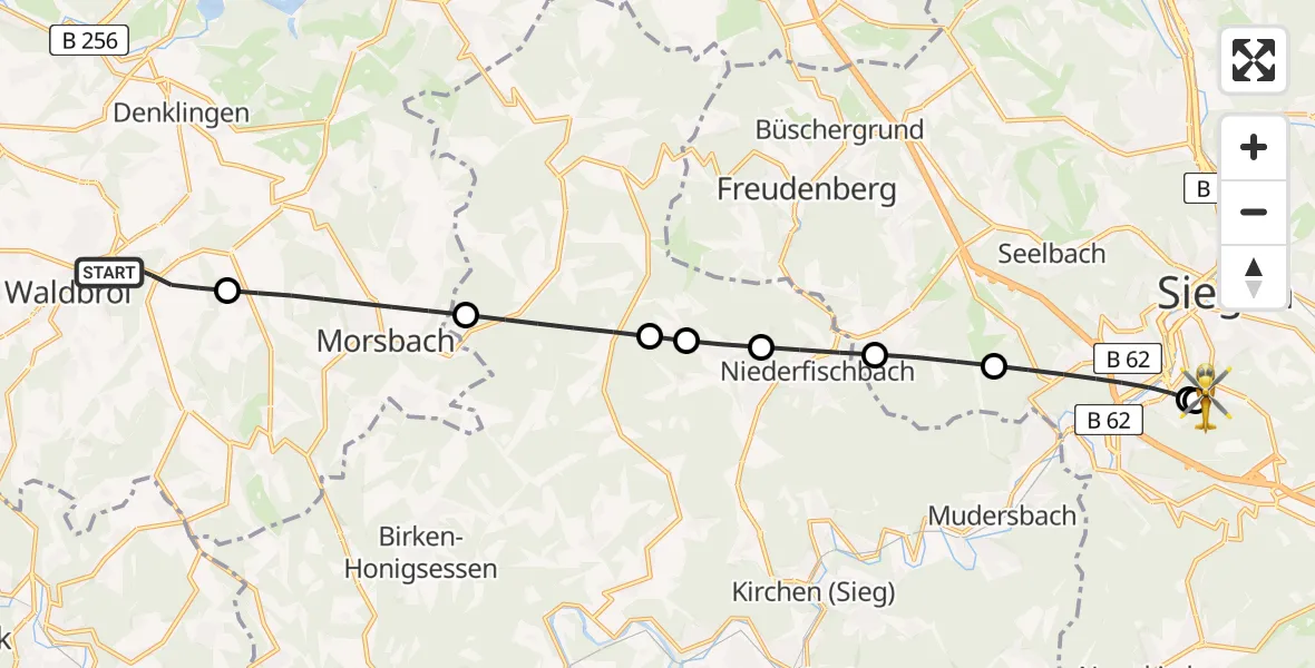Flugroute Rettungshubschrauber Waldbröl - Evangelisches Jung-Stilling Hospital, 27 Juni 2026, 20:31