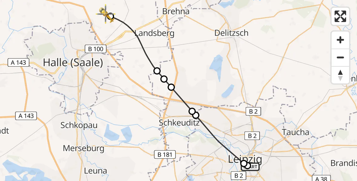 Flugroute Rettungshubschrauber Leipzig University Hospital Heliport 1 - Halle-Oppin Flugplatz, 27 Juni 2026, 20:37