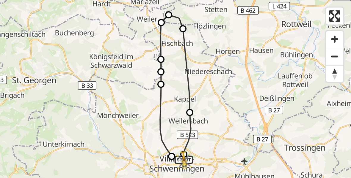 Flugroute Ambulanzhubschrauber DRF Air Rescue Station Villingen-Schwenningen Hubschrauberlandeplatz (Christoph 11) - DRF Air Rescue Station Villingen-Schwenningen Hubschrauberlandeplatz (Christoph 11), 27 Juni 2026, 20:57