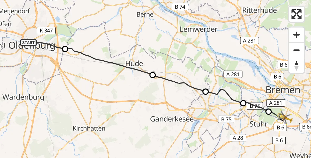 Flugroute Rettungshubschrauber Oldenburg (Oldb) - ADAC Air Rescue Station Bremen Hubschrauberlandeplatz (Christoph 6), 27 Juni 2026, 20:57