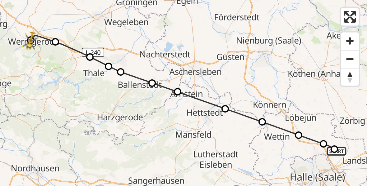 Flugroute Rettungshubschrauber Halle-Oppin Flugplatz - Harz Hospital Wernigerode, 27 Juni 2026, 21:03