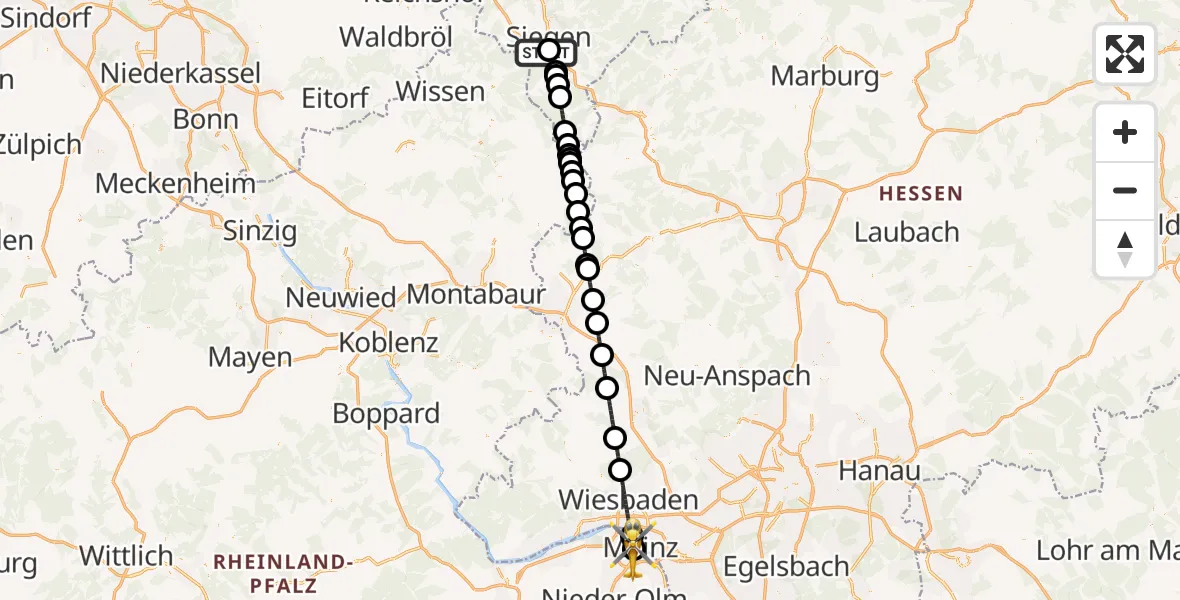 Flugroute Rettungshubschrauber Evangelisches Jung-Stilling Hospital - Mainz University Hospital, 27 Juni 2026, 21:25