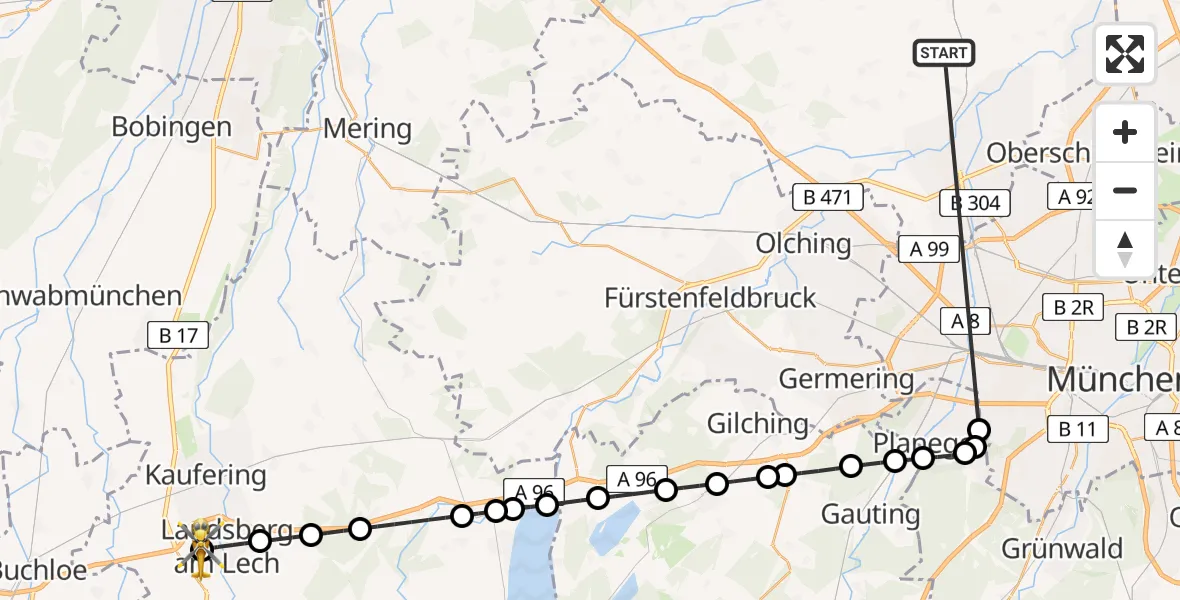 Flugroute Rettungshubschrauber Röhrmoos - Landsberg am Lech Hospital, 27 Juni 2026, 21:31