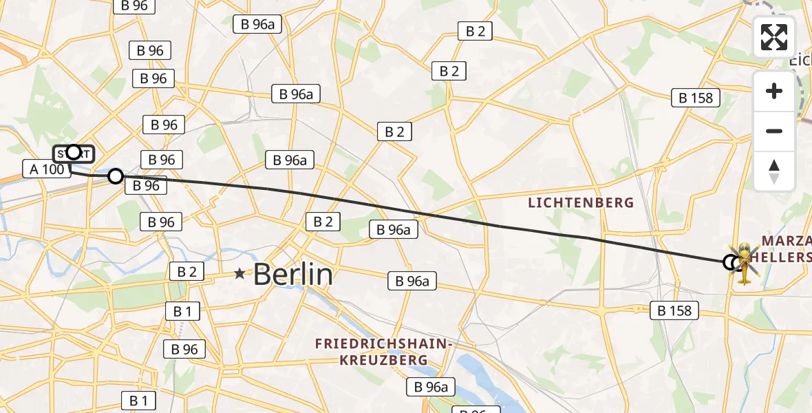 Flugroute Rettungshubschrauber Charité Clinic Virchow Campus - Berlin Emergency Hospital, 27 Juni 2026, 21:43