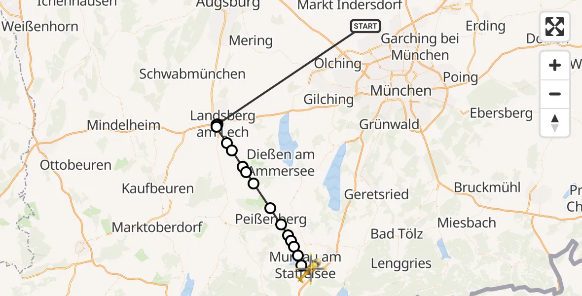 Flugroute Rettungshubschrauber Röhrmoos - Murnau a.Staffelsee, 27 Juni 2026, 22:08