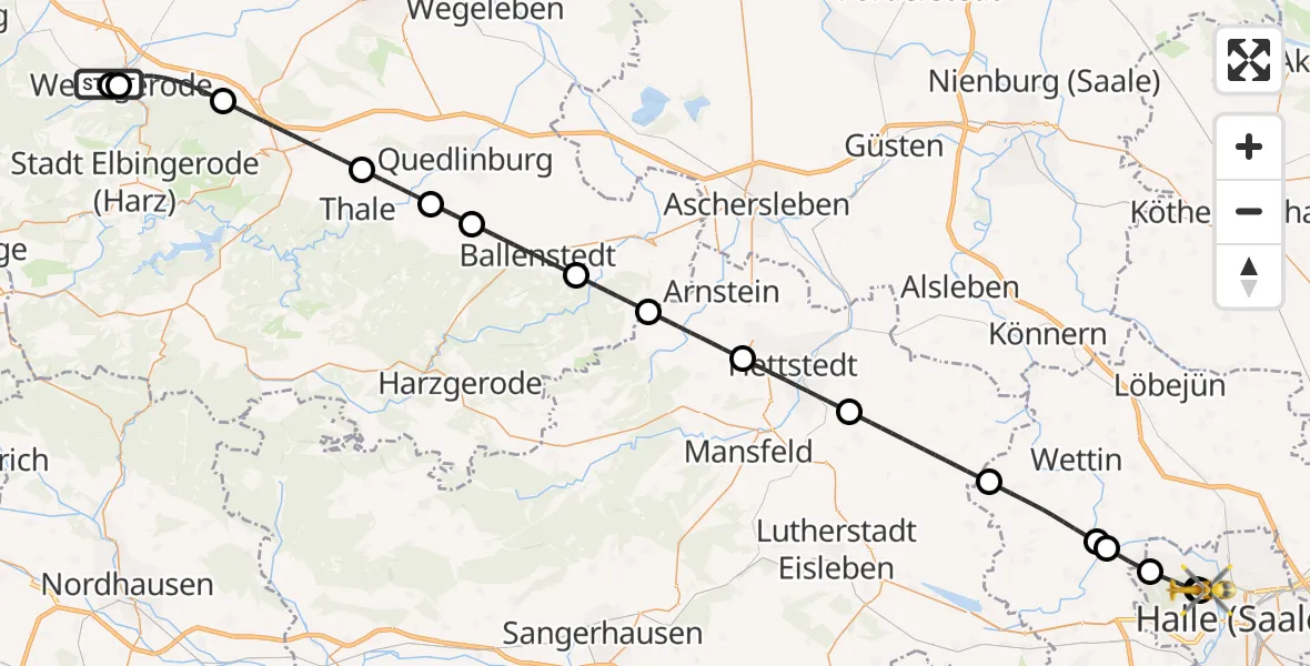 Flugroute Rettungshubschrauber Harz Hospital Wernigerode - Halle (Saale) University Hospital, 27 Juni 2026, 22:15