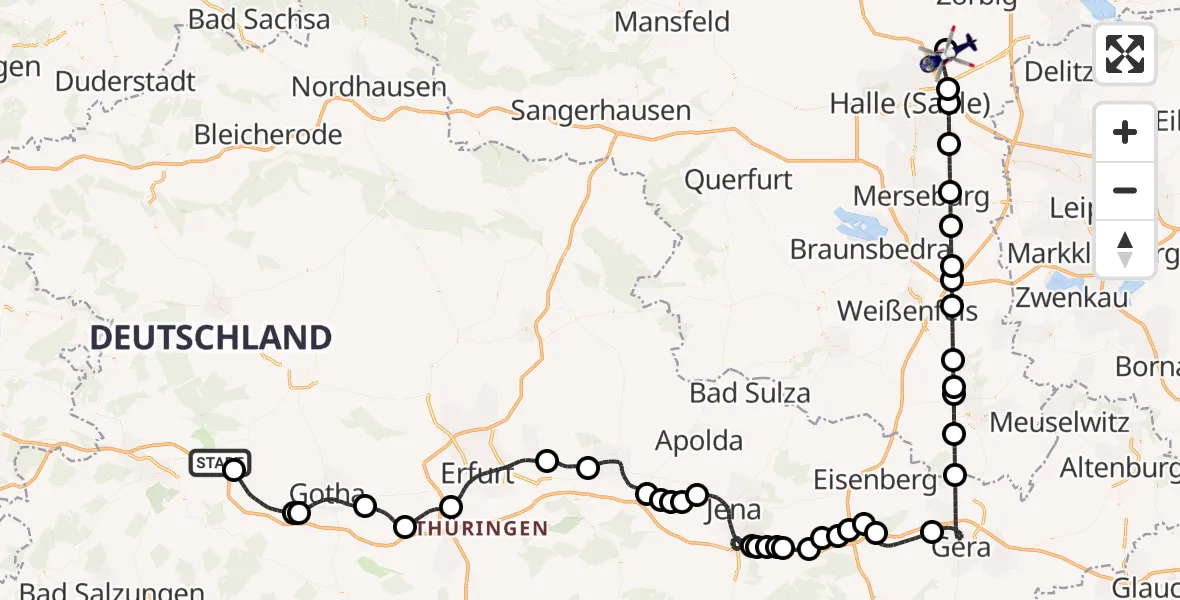 Flugroute Polizeihubschrauber Eisenach-Kindel Flughafen - Halle-Oppin Flugplatz, 27 Juni 2026, 22:29