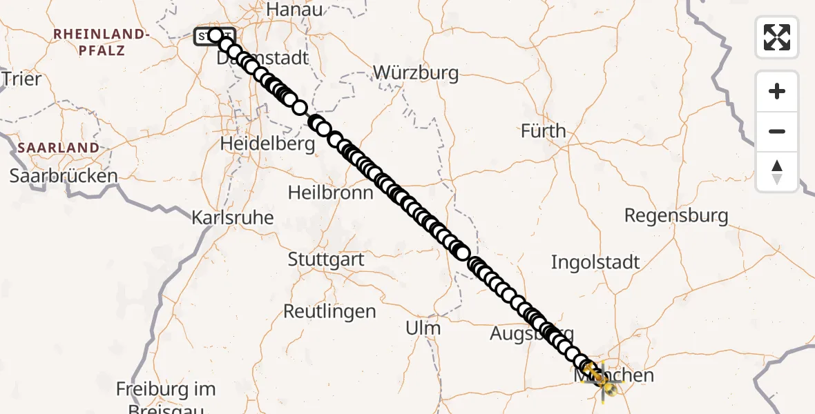 Flugroute Rettungshubschrauber Mainz University Hospital - DRF Air Rescue München Hubschrauberlandeplatz, 27 Juni 2026, 22:32