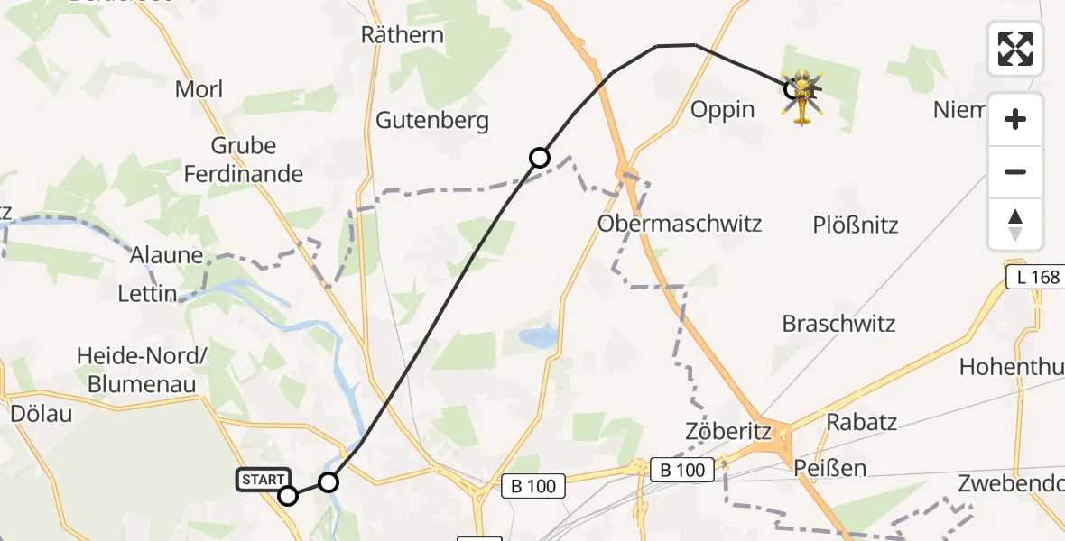 Flugroute Rettungshubschrauber Halle (Saale) University Hospital - Halle-Oppin Flugplatz, 27 Juni 2026, 23:18