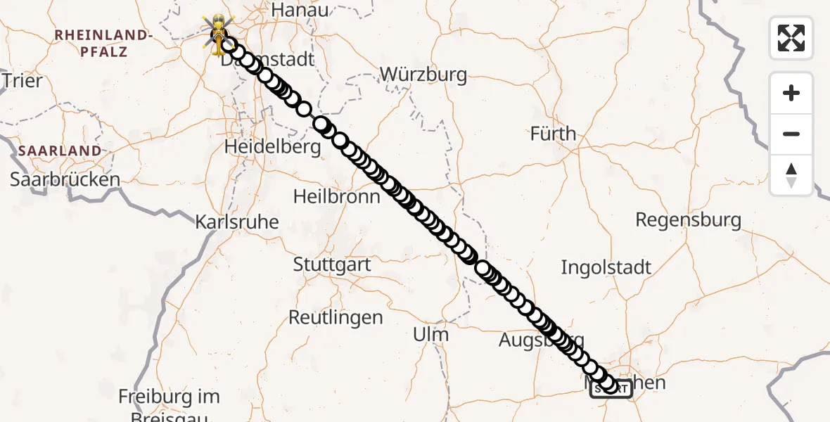 Flugroute Rettungshubschrauber DRF Air Rescue München Hubschrauberlandeplatz - Mainz University Hospital, 28 Juni 2026, 00:17