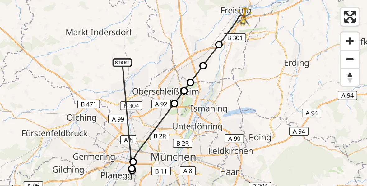 Flugroute Rettungshubschrauber Röhrmoos - Freising, 28 Juni 2026, 00:42