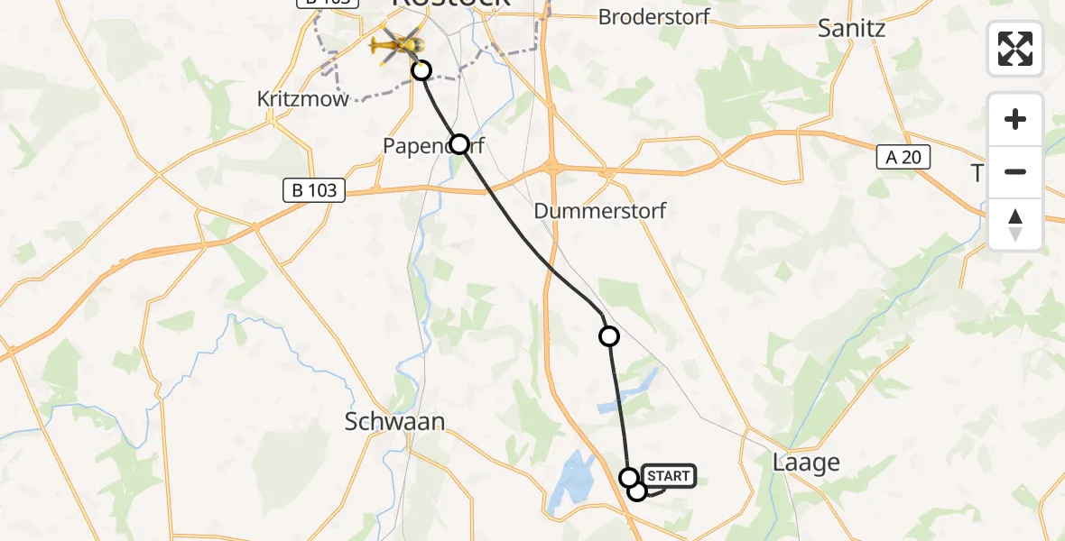 Flugroute Rettungshubschrauber Flughafen Rostock-Laage - Rostock, 28 Juni 2026, 00:54