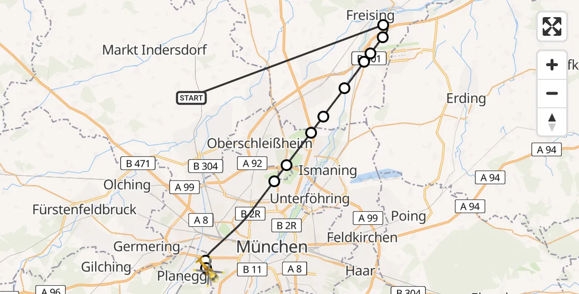 Flugroute Rettungshubschrauber Röhrmoos - DRF Air Rescue München Hubschrauberlandeplatz, 28 Juni 2026, 01:09