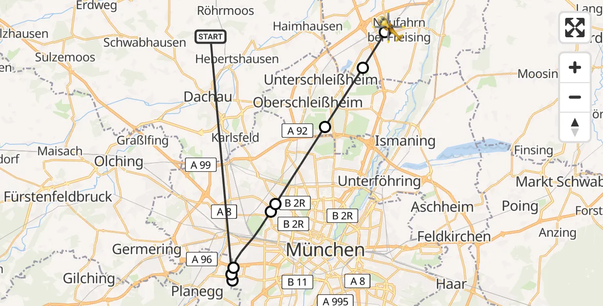 Flugroute Rettungshubschrauber Röhrmoos - Neufahrn b.Freising, 28 Juni 2026, 02:12