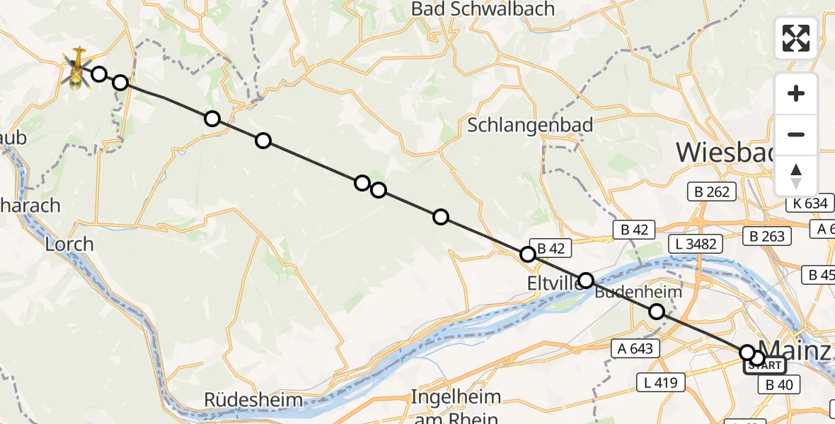 Flugroute Rettungshubschrauber Mainz University Hospital - Weisel, 28 Juni 2026, 02:26