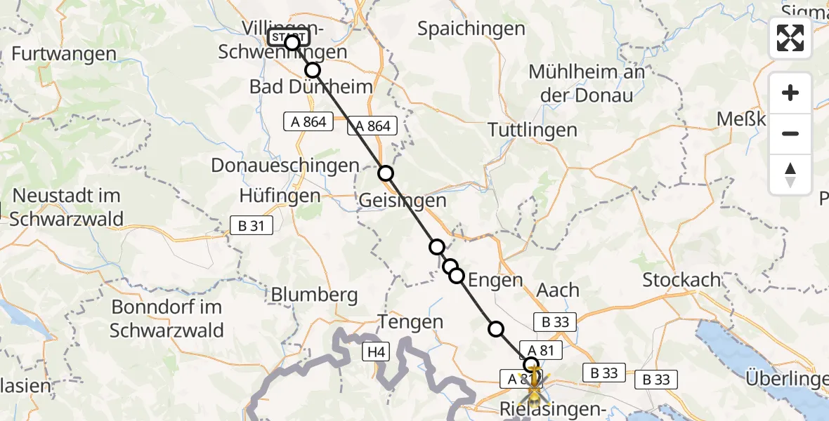 Flugroute Ambulanzhubschrauber DRF Air Rescue Station Villingen-Schwenningen Hubschrauberlandeplatz (Christoph 11) - Singen (Hohentwiel), 28 Juni 2026, 02:52