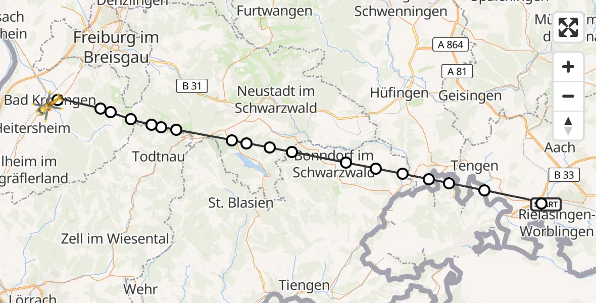Flugroute Ambulanzhubschrauber Singen (Hohentwiel) - Bad Krozingen, 28 Juni 2026, 03:38