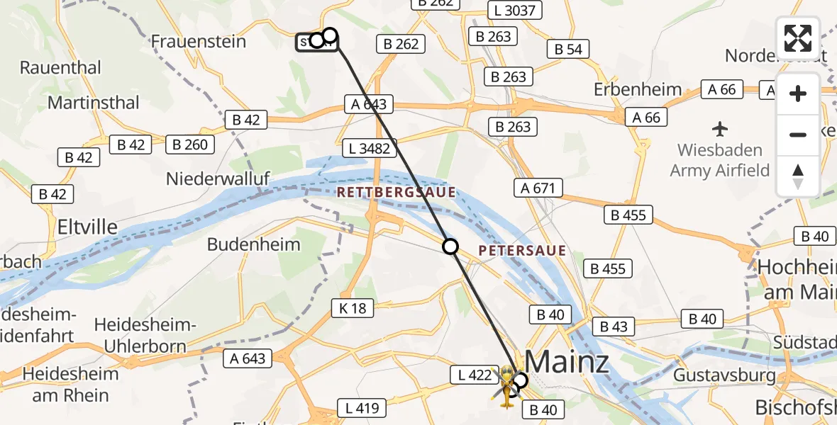Flugroute Rettungshubschrauber Helios Horst Schmidt Clinic (HSK) - Mainz University Hospital, 28 Juni 2026, 04:06