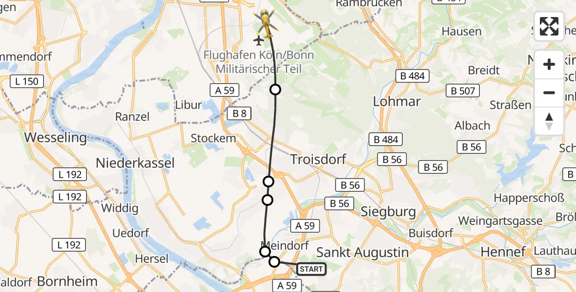 Flugroute Rettungshubschrauber Sankt Augustin - Köln Bonn Flughafen, 28 Juni 2026, 04:38