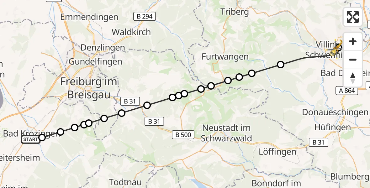 Flugroute Ambulanzhubschrauber Bad Krozingen - DRF Air Rescue Station Villingen-Schwenningen Hubschrauberlandeplatz (Christoph 11), 28 Juni 2026, 04:47