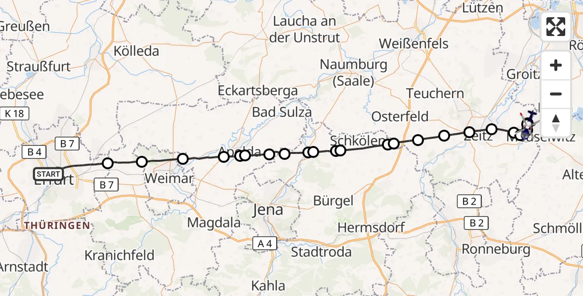 Flugroute Polizeihubschrauber Erfurt - Meuselwitz, 28 Juni 2026, 04:48