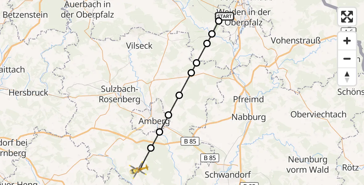 Flugroute Rettungshubschrauber Weiden i.d.OPf. - Ursensollen, 28 Juni 2026, 05:32