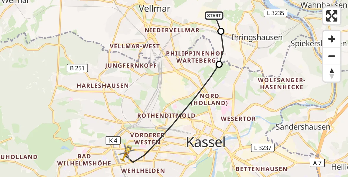 Flugroute Rettungshubschrauber Fuldatal Bundespolizei Hubschrauberlandeplatz - Kassel, 28 Juni 2026, 05:32