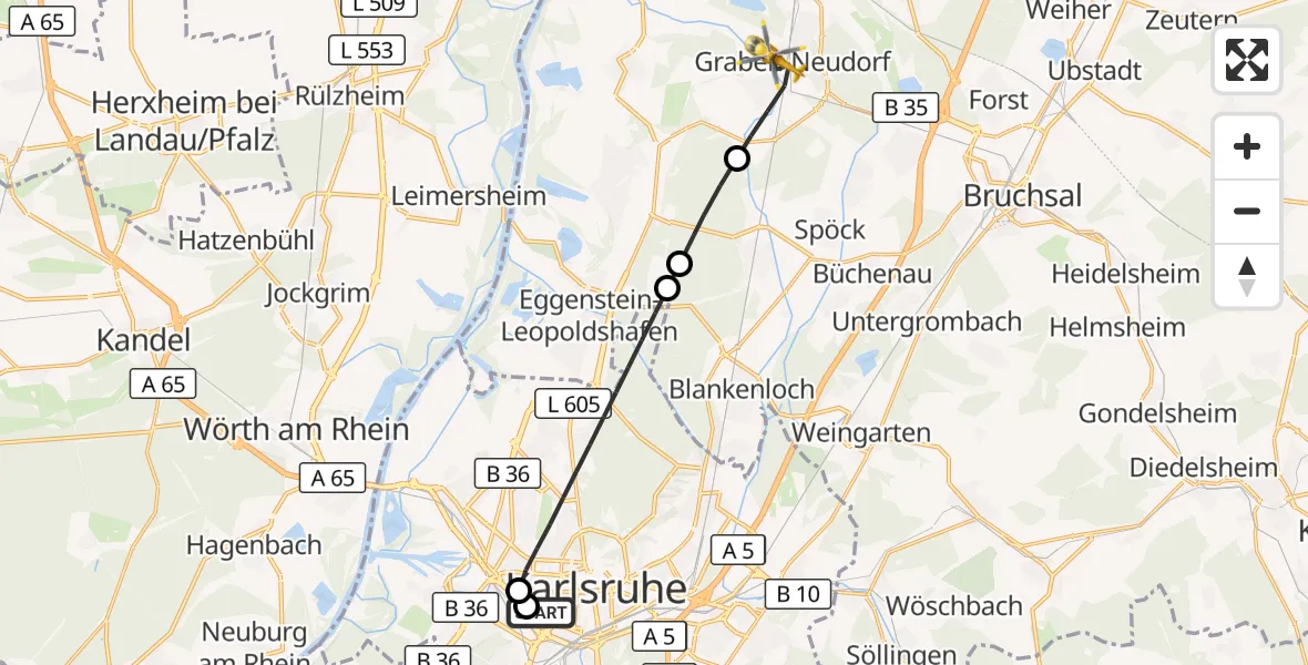 Flugroute Ambulanzhubschrauber Sankt Vincentius Hospital - Graben-Neudorf, 28 Juni 2026, 05:41