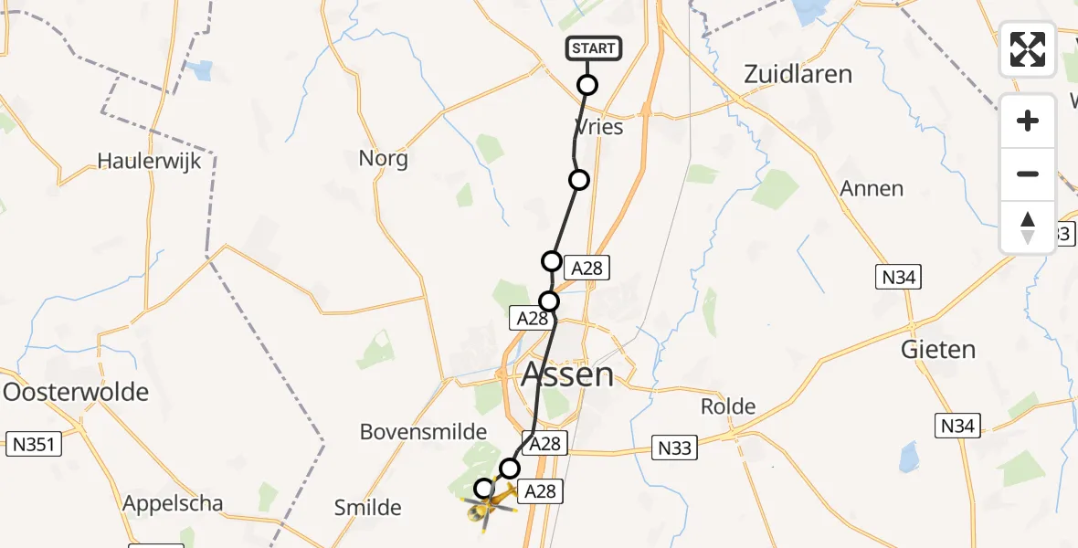 Flugroute Rettungshubschrauber Yde - Assen, 28 Juni 2026, 05:49
