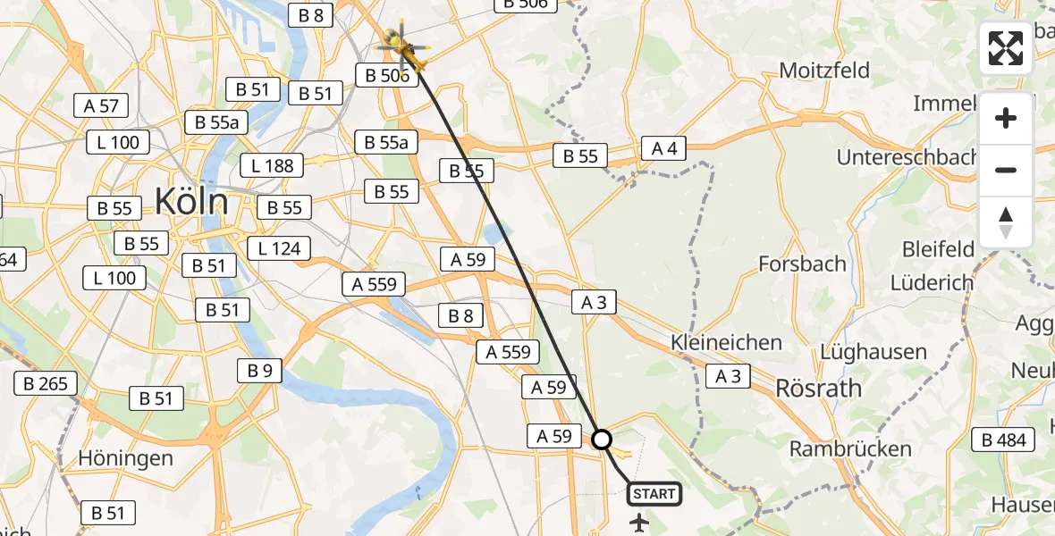Flugroute Rettungshubschrauber Köln Bonn Flughafen - Köln, 28 Juni 2026, 06:06