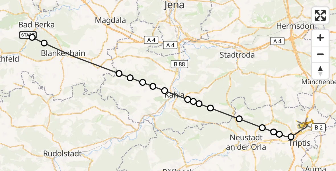 Flugroute Ambulanzhubschrauber Bad Berka Central Hospital - Triptis, 28 Juni 2026, 06:07