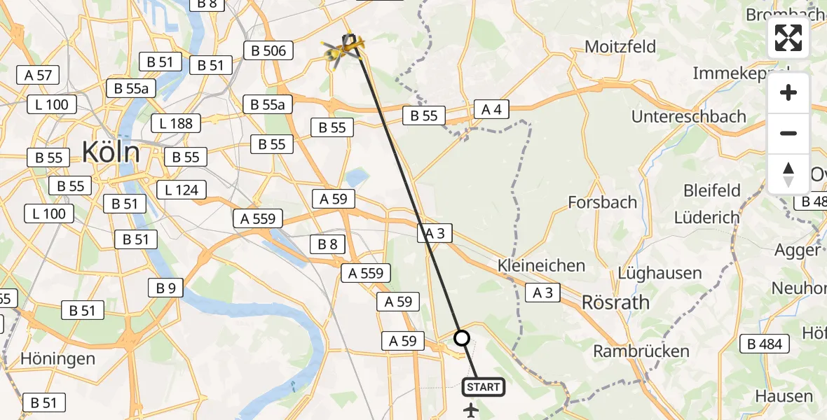Flugroute Ambulanzhubschrauber Köln Bonn Flughafen - Köln, 28 Juni 2026, 06:23
