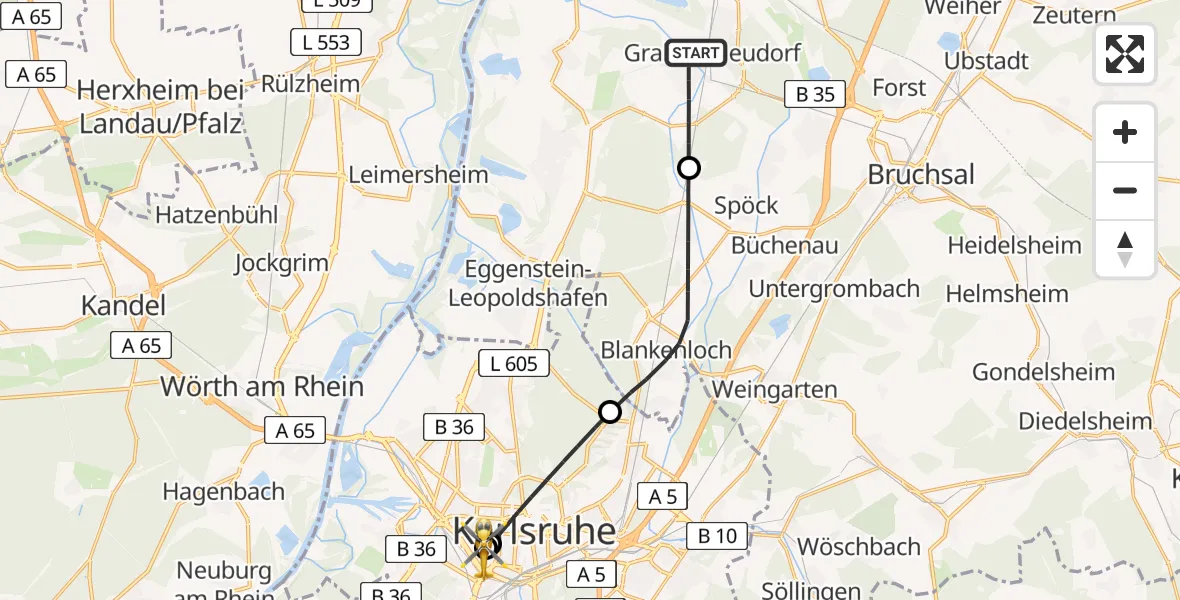 Flugroute Ambulanzhubschrauber Graben-Neudorf - Sankt Vincentius Hospital, 28 Juni 2026, 06:32