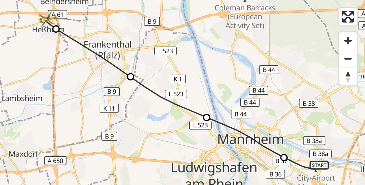 Flugroute Rettungshubschrauber Mannheim-City Flughafen - Heßheim, 28 Juni 2026, 06:36