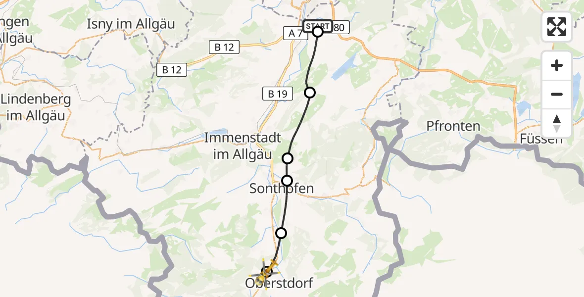 Flugroute Rettungshubschrauber Kempten-Durach Flugplatz - Oberstdorf, 28 Juni 2026, 06:38