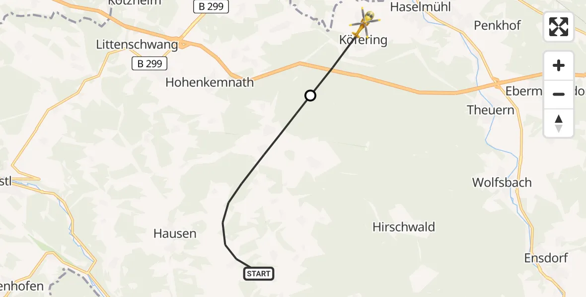 Flugroute Rettungshubschrauber Ursensollen - Kümmersbruck, 28 Juni 2026, 06:42