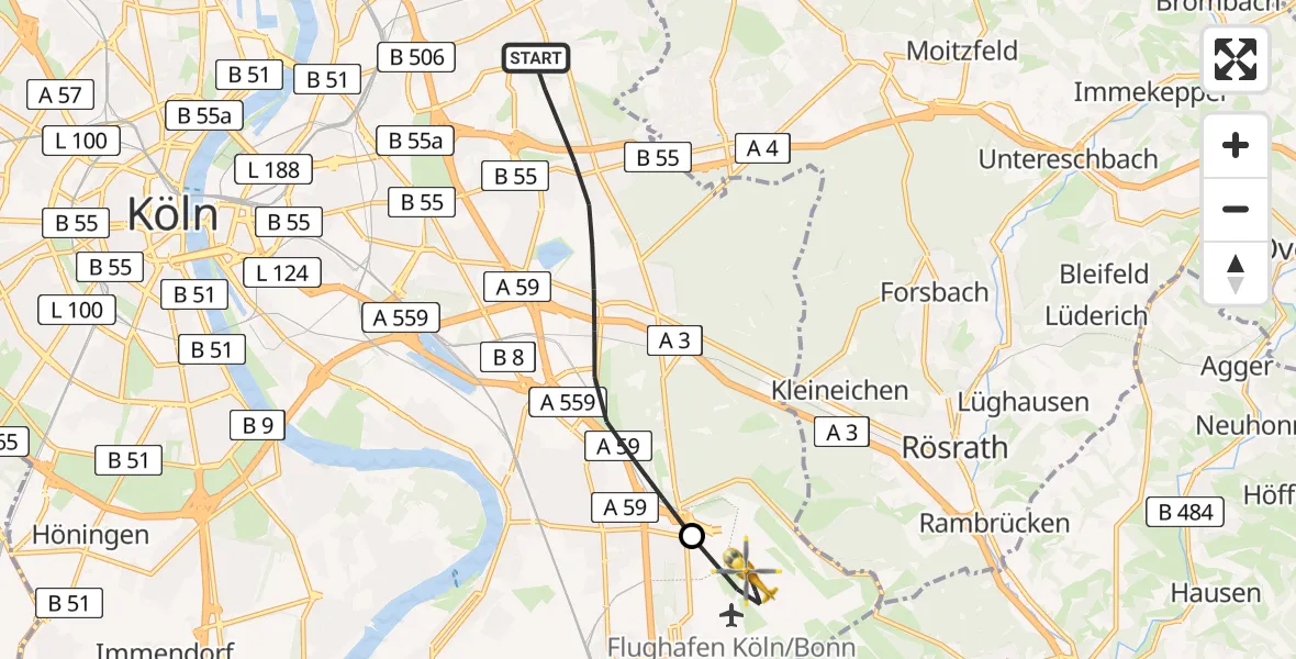 Flugroute Ambulanzhubschrauber Köln - Köln Bonn Flughafen, 28 Juni 2026, 06:43