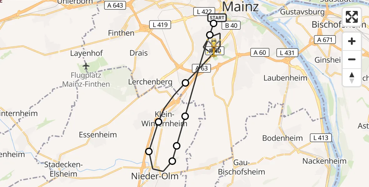 Flugroute Rettungshubschrauber Mainz University Hospital - Mainz, 28 Juni 2026, 06:48