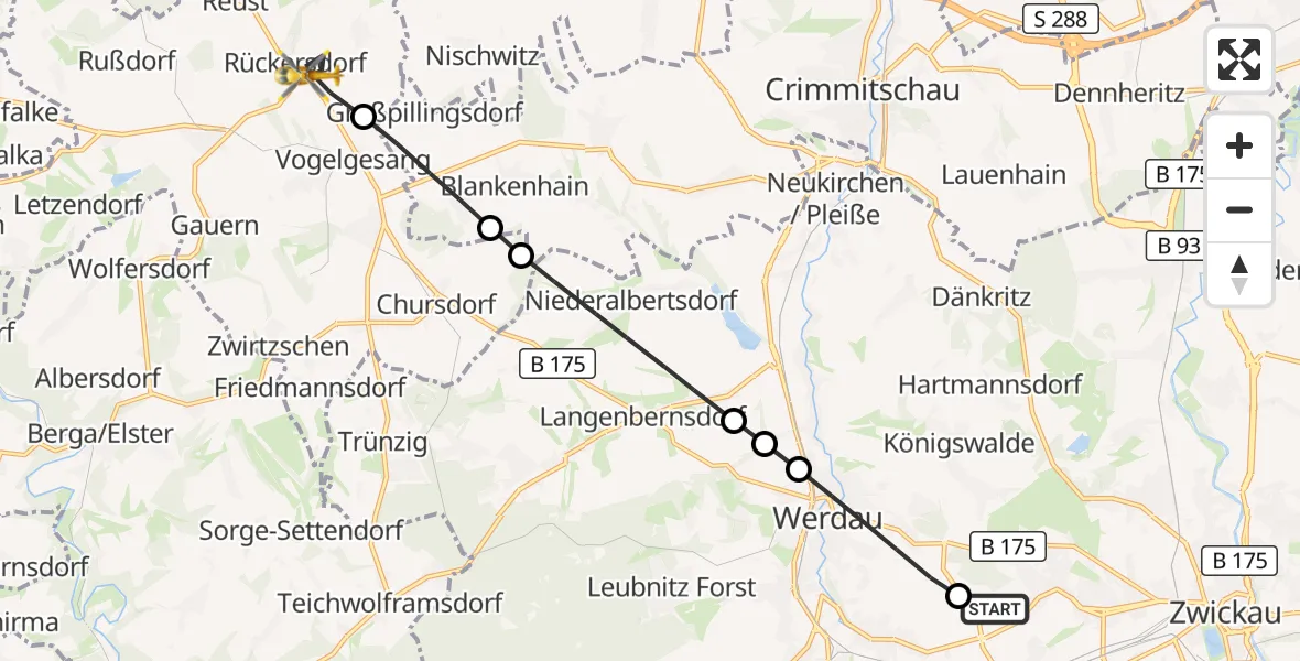 Flugroute Rettungshubschrauber ADAC Air Rescue Station Zwickau Hubschrauberlandeplatz - Rückersdorf, 28 Juni 2026, 06:48