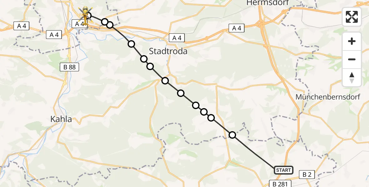 Flugroute Ambulanzhubschrauber Triptis - Jena University Hospital, 28 Juni 2026, 06:49