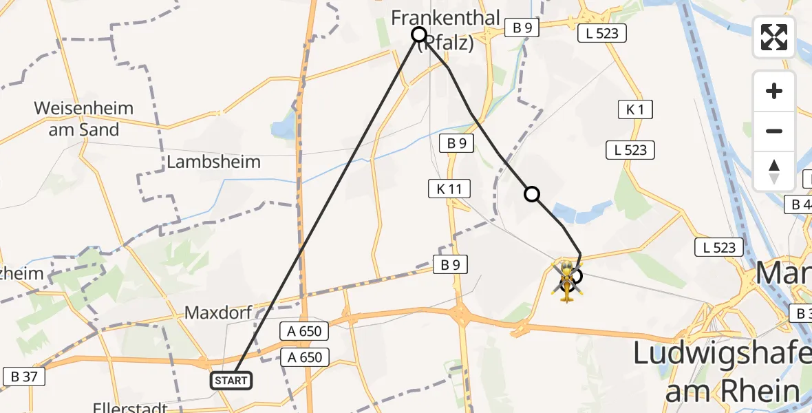 Flugroute Rettungshubschrauber Fußgönheim - Ludwigshafen Accident Hospital, 28 Juni 2026, 07:05