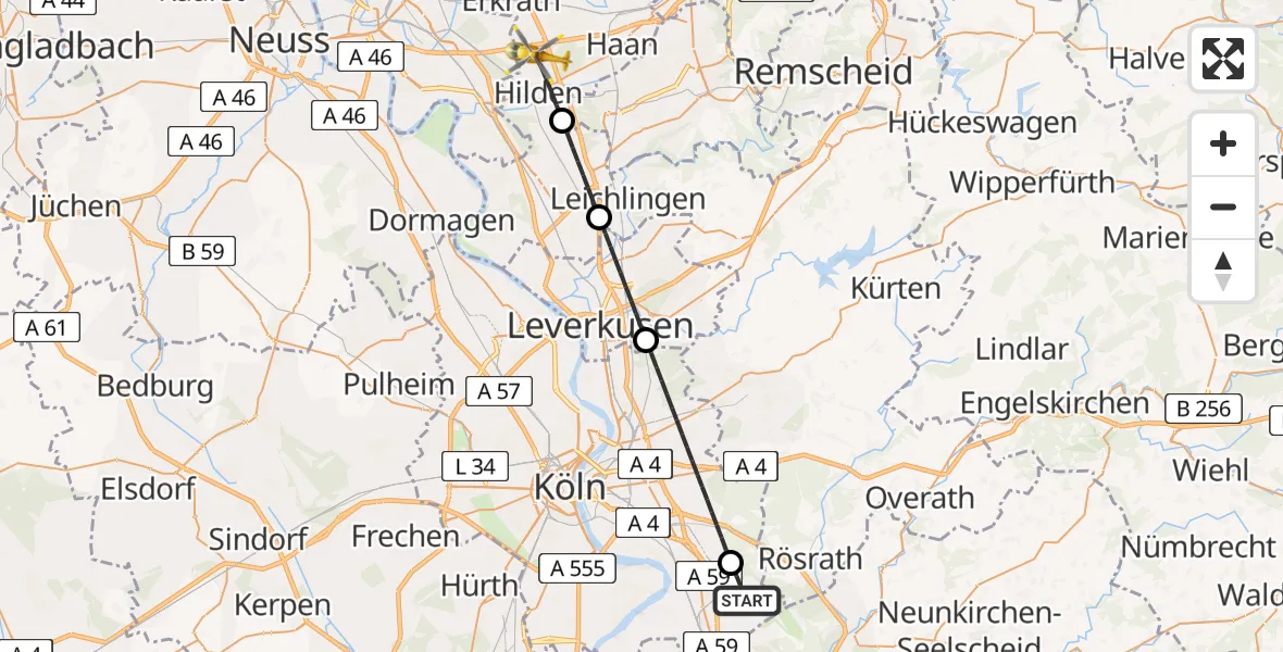 Flugroute Ambulanzhubschrauber Köln Bonn Flughafen - Hilden, 28 Juni 2026, 07:05