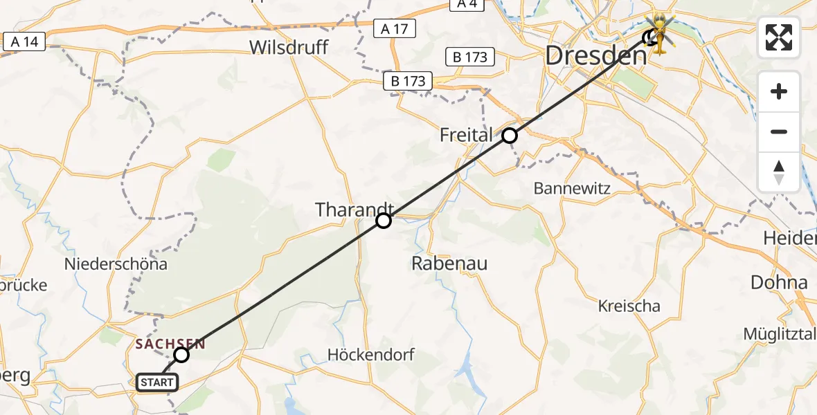 Flugroute Rettungshubschrauber Bobritzsch-Hilbersdorf - Dresden University Hospital, 28 Juni 2026, 07:08