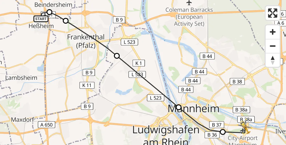 Flugroute Rettungshubschrauber Heßheim - Mannheim-City Flughafen, 28 Juni 2026, 07:08