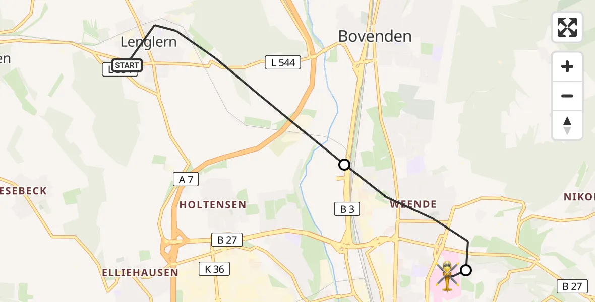 Flugroute Rettungshubschrauber Bovenden - Göttingen University Clinic Hubschrauberlandeplatz, 28 Juni 2026, 07:09