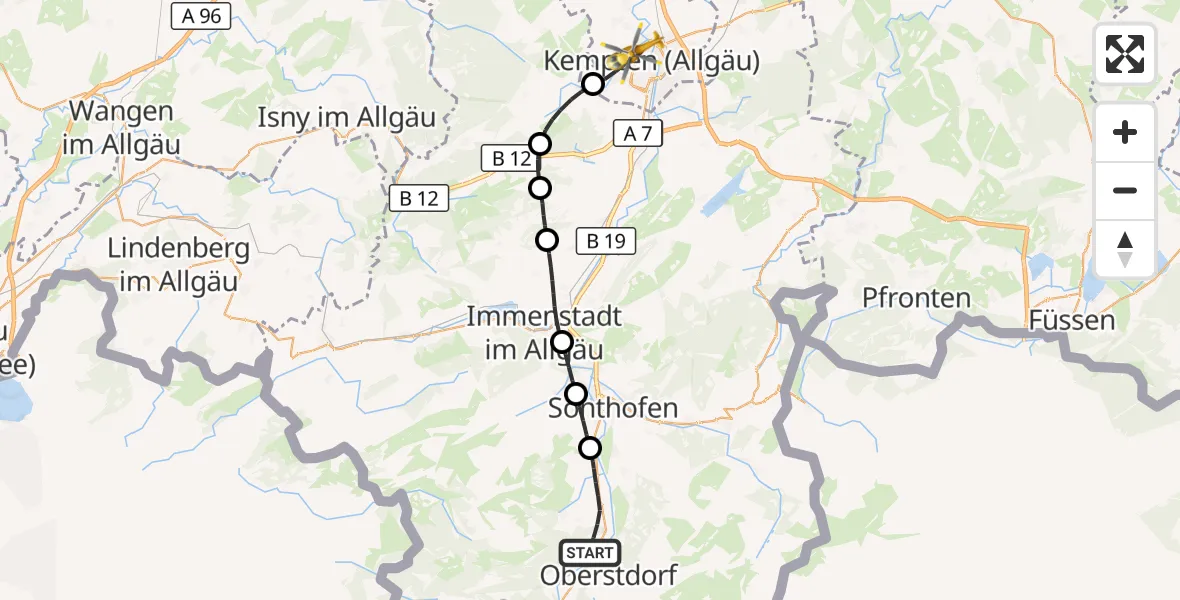Flugroute Rettungshubschrauber Fischen i.Allgäu - Kempten (Allgäu), 28 Juni 2026, 07:10