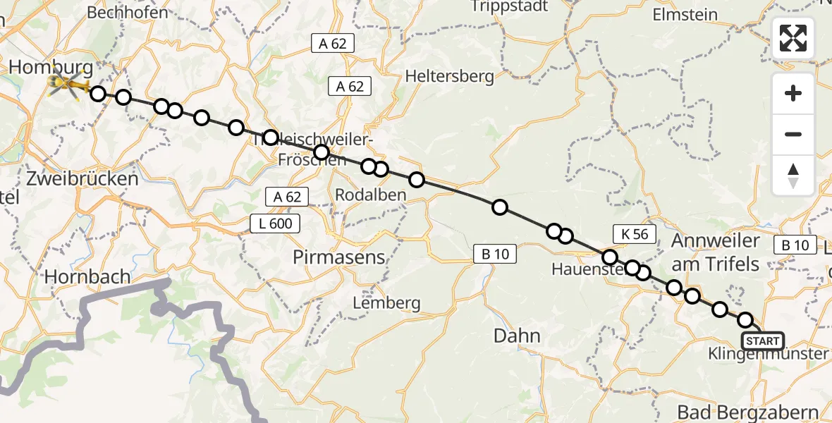 Flugroute Rettungshubschrauber Klingenmünster - Homburg, 28 Juni 2026, 07:10