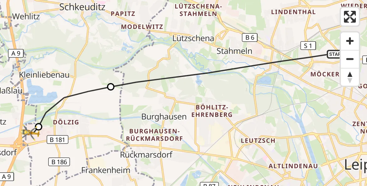 Flugroute Rettungshubschrauber Leipzig - ADAC Air Rescue Station Leipzig/Schkeuditz-Dölzig Hubschrauberlandeplatz (Christoph 61), 28 Juni 2026, 07:11
