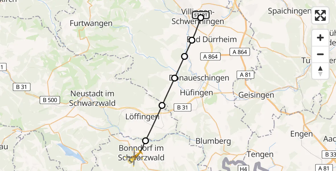 Flugroute Ambulanzhubschrauber DRF Air Rescue Station Villingen-Schwenningen Hubschrauberlandeplatz (Christoph 11) - Bonndorf im Schwarzwald, 28 Juni 2026, 07:12
