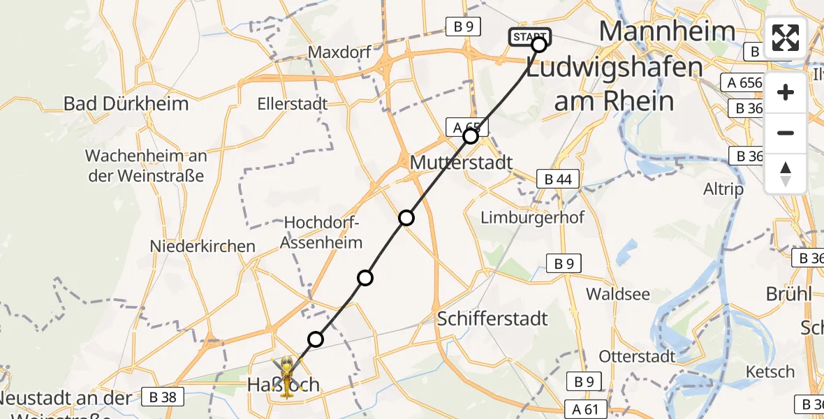 Flugroute Rettungshubschrauber Ludwigshafen Accident Hospital - Haßloch, 28 Juni 2026, 07:16